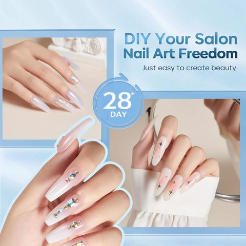 Manicured nails with rhinestones using 10 In One Nail Gel Glue Base Coat Brush On Nail Polish Glue 15ml For Tips And Rhinestones Blooming Art Hema Free Gel Kit For Acrylic Tips UV Lamp Needed.