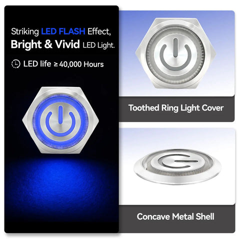 IP67 Waterproof Latching Push Button Switch 15A 12-24V DC With LED Angel Eye Light, showing LED flash effect and ring light cover.