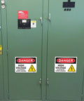 Heavy Duty Danger High Voltage Warning Signs Five Pack Tough As Nails Weatherproof Electrical Shock Hazard Decals on green cabinet.