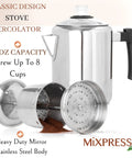 Stainless Steel Coffee Percolator For Stovetop 37oz 2 To 8 Cup Pot With Cool Touch Handle Perfect For Camping And Home Use Camp Stove Top Espresso Maker Easy Brew Rich Flavor Morning Boost, shown with lid and inner filters.