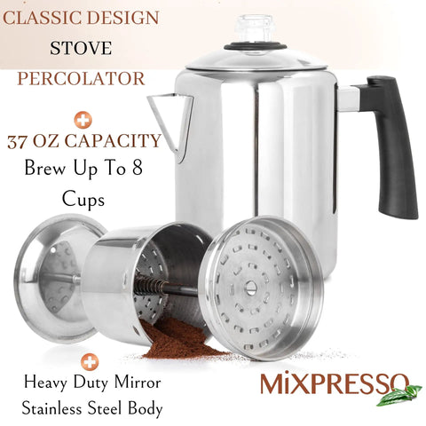 Stainless Steel Coffee Percolator For Stovetop 37oz 2 To 8 Cup Pot With Cool Touch Handle Perfect For Camping And Home Use Camp Stove Top Espresso Maker Easy Brew Rich Flavor Morning Boost, shown with lid and inner filters.