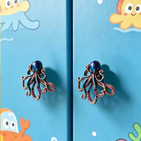 Dope Hand Painted Octopus Cabinet Knobs Set Of 2 For Cabinets Drawers Closets And Doors With Mounting Screws Ocean Spirit Dresser Pulls Unique Home Decor shown on blue cabinet doors.