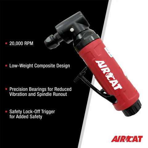 Pro Grade.5 Horsepower Angle Die Grinder At 20000 Rpm featuring low-weight red composite design and safety lock-off trigger.