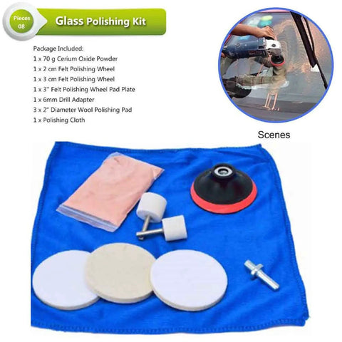 9 Piece Glass Polishing Kit For Windshield And Glass Repair DIY Deep Scratch Remover With Cerium Oxide Powder Felt Pads And Polishing Wheels Easy To Use For A Clear Scratch Free View.