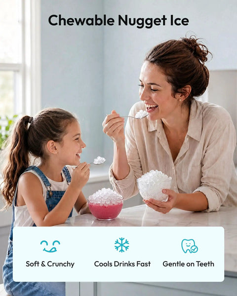 Mother and daughter enjoying chewy nugget ice from bowls, showcasing Quick Freeze Countertop Nugget Ice Maker Delivers 44 Pounds Of Soft Sonic Pellet Ice Daily With No Hassle Auto Wash And Smooth Chilling Performance For Everyday Households And Office Crews.