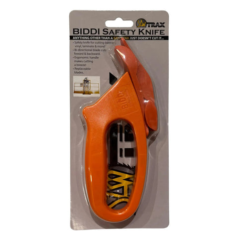 Totally Rock Solid Bi Directional Safety Knife With Slick Retractable Blade And Ergonomic Handle For No Sweat Vinyl Wrapping Banner Cutting And Print Shop Tasks displayed in packaging.