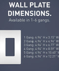 Diagram showing wall plate dimensions for 1 to 6 gangs with a 1 Gang Screwless Wall Plate for Decorator Rocker Outlets 1 Gang White Modern Low Profile