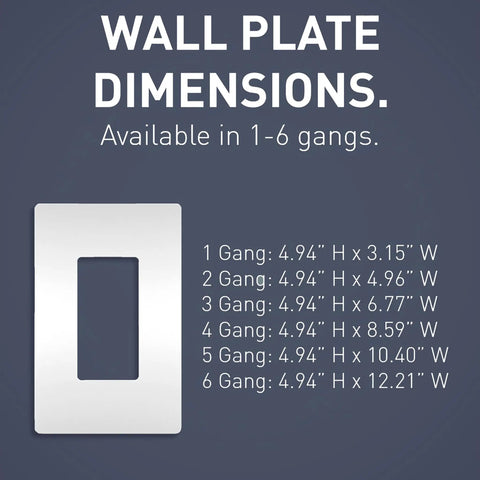 Diagram showing wall plate dimensions for 1 to 6 gangs with a 1 Gang Screwless Wall Plate for Decorator Rocker Outlets 1 Gang White Modern Low Profile