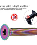 Close-up of Titanium Alloy Bike Stem Bolt Screw M6 By 30mm Flat Head Headset Cap Bolt with focus on threaded section