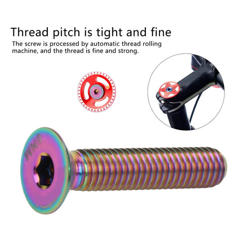 Close-up of Titanium Alloy Bike Stem Bolt Screw M6 By 30mm Flat Head Headset Cap Bolt with focus on threaded section