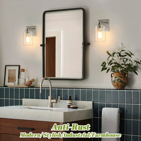 Set Of 2 Brushed Nickel Wall Sconces For Bathroom And Hallway Modern Farmhouse Vanity Lights With Clear Glass Shade