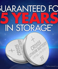 Hella Durable Cr2025 Batteries 24 Count Lithium 3V Coin Cell Button Pack shown with a 5-year storage guarantee.