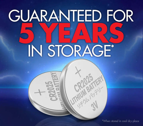 Hella Durable Cr2025 Batteries 24 Count Lithium 3V Coin Cell Button Pack shown with a 5-year storage guarantee.