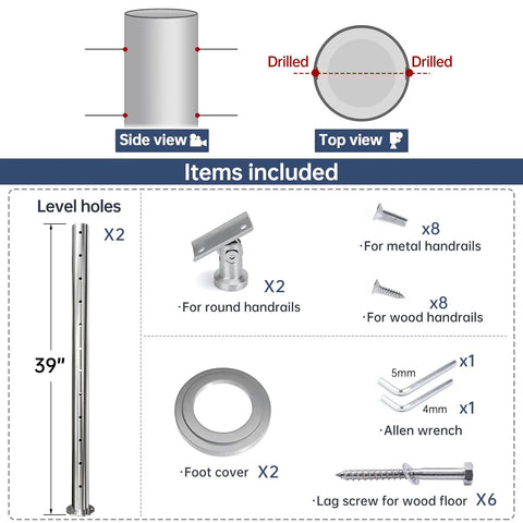 Round Cable Railing Post 42 Inch Tall 2.36 Inch Diameter Stainless Steel Brushed Finish Pre Drilled With 12 Pairs Of Level Holes