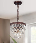 Antique Copper 3 Light Chandelier With Glass Drops Multilevel Pendant Fixture hanging in modern interior