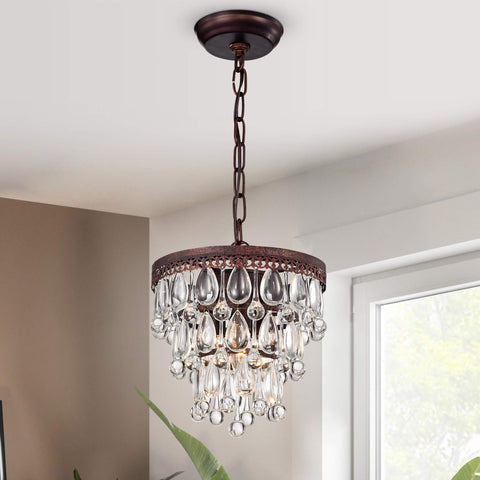 Antique Copper 3 Light Chandelier With Glass Drops Multilevel Pendant Fixture hanging in modern interior