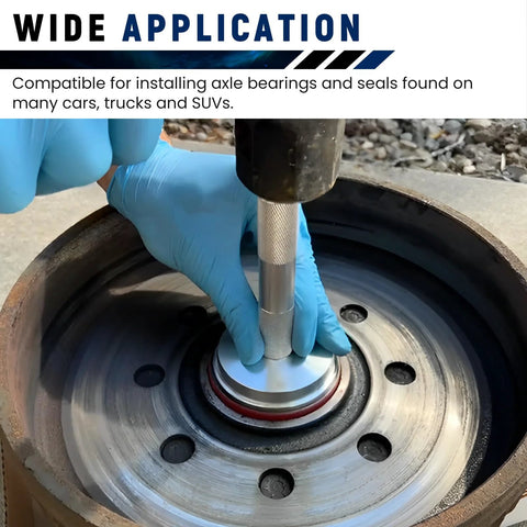 10-Piece Universal Aluminum Bearing Race and Seal Driver Set in use, showing knurled handle and non-marring discs installing wheel bearing.