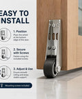 Heavy Duty Sliding Door Bottom Rollers Two Pack Vertical Track Guide Wheels With Durable Rubber Tires For No More Dragging And Smooth As Butter Low Profile Operation Built Tough installed on a wooden door with screws visible.