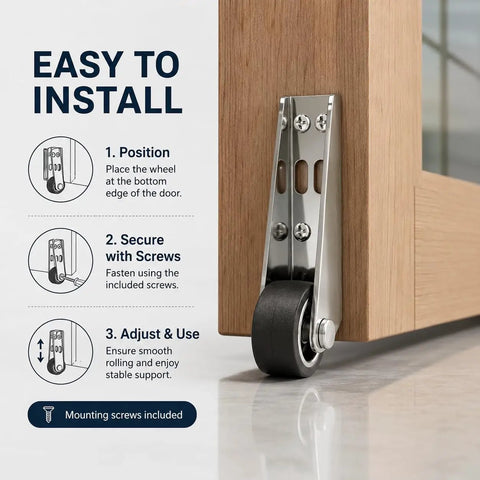 Heavy Duty Sliding Door Bottom Rollers Two Pack Vertical Track Guide Wheels With Durable Rubber Tires For No More Dragging And Smooth As Butter Low Profile Operation Built Tough installed on a wooden door with screws visible.