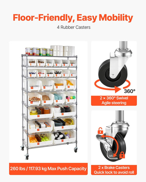 Eight Tier Rolling Storage Rack Featuring Twenty Six Modular Parts Bins Heavy Duty Steel Wire Shelving Cart With Smooth Locking Wheels For Pro Shop Space Zero Fuss Setup And Quick Label Slots