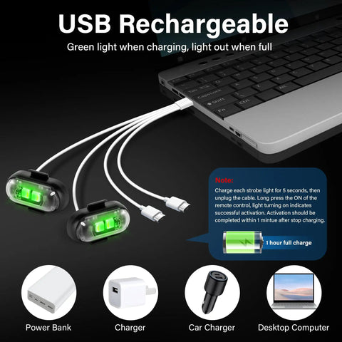 USB rechargeable feature of Eight Color Wireless LED Car Lights With Remote Control, connected to a laptop for charging.