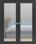 Modern Black Double Swing Interior French Doors With Glass In Solid Wood Construction Hardware Included Frames Included And Non Mortise Hinges Ready To Install 72 By 80 Inches for wall viewing into a bedroom.
