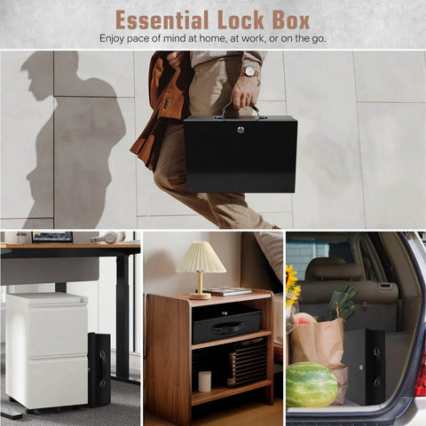 Man carrying Fireproof Document Safe Box With Key Lock, Heavy Duty Portable Lock Box For Home Or Travel, Extra Large 13.2 By 11 By 4.13 Inches