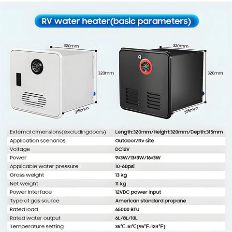 12 Volt Propane Tankless Water Heater For RV Camper With Instant On Demand Hot Water Continuous Flow dimensions and specifications.