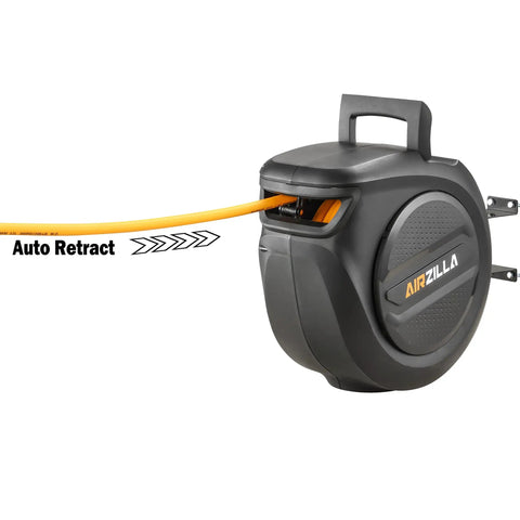 Retractable Three Eighths Inch 50 Ft Flex Hybrid Air Hose Reel With Quick Connect 6 Ft Lead In Mounted 180 Degree Swivel Beefy Durable Air Compressor