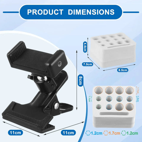 Mobile Phlebotomy Tube Holder Rack With Clamp Mount And Adjustable Tray Organizer Kit for hospitals, dimensions shown