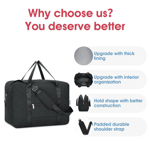 Foldable Travel Duffel Bag 30L Fits Underseat Personal Item 18x14x8 For Women And Men with shoulder strap and interior pockets
