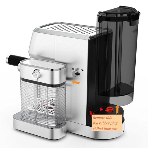 Straight Up Premium Barista Grade Semi Automatic Espresso Machine With self cleaning milk frother, stainless steel body and milk container.