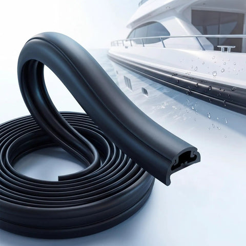 50 Ft Semi Rigid Boat Rub Rail Kit Marine Grade Dock Bumpers Flexible Rubber Dock Fender Rub Rail For Boat Hull Protection And Impact Absorption Black coiled near a yacht.