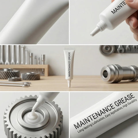 Two white MTLEE maintenance grease tubes for 3D printers labeled MAINTENANCE GREASE with gears and tools.