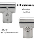 1 Inch Stainless Steel Boat Railing Tee Fitting, 90 Degree Tube Connector, front and side view, polished 316 SS, corrosion-resistant