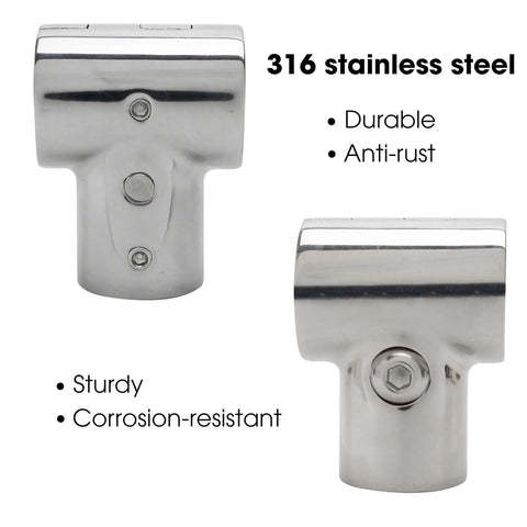 1 Inch Stainless Steel Boat Railing Tee Fitting, 90 Degree Tube Connector, front and side view, polished 316 SS, corrosion-resistant