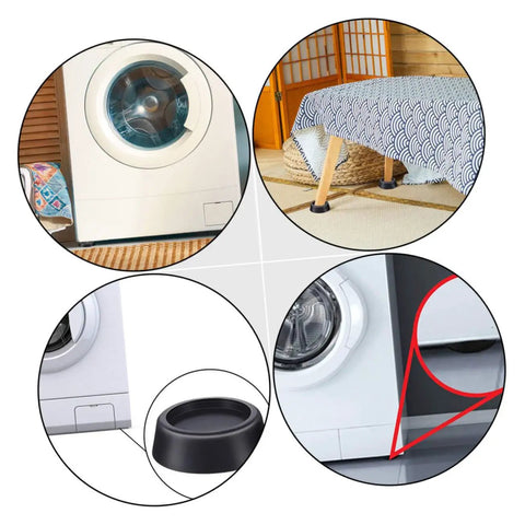 Collage showing Anti Slip Washing Machine Foot Pads Set For Stability And Quiet Vibration Control Durable TPR Furniture Cushions