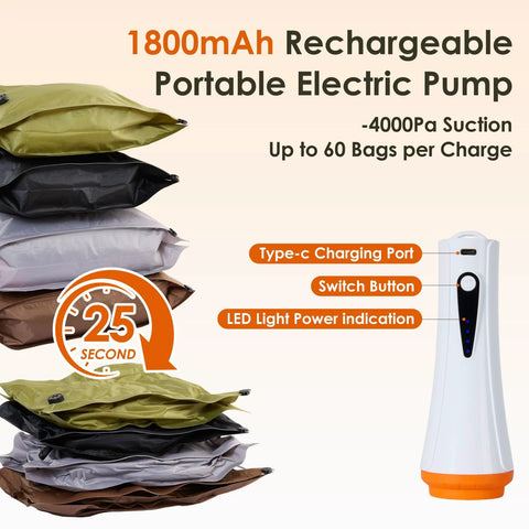 Bfhosehold cordless 1800mAh rechargeable vacuum pump with USB-C charging beside stacked vacuum storage bags