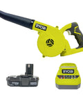 Compact 18 Volt Cordless Workshop Blower With Battery And Charger, Battle Ready Air Sweeper For Sawdust And Debris, Three Speed Settings Up To 160 Mph, Top Shelf Gear For A Slick Cleanup, featuring tool, battery, and charger.