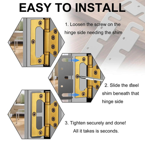 Installation guide for Door Hinge Shims 0.035 Inches, 15 Pack Laser Cut Stainless Steel Kit with brushed silver finish.
