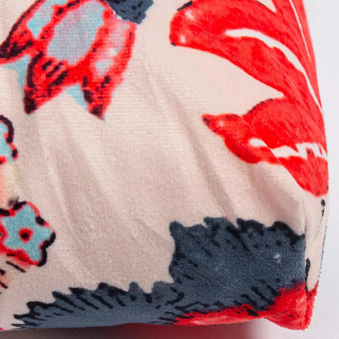 Close-up of 2 Pack Outdoor Indoor Wicker Patio Seat Cushions With Ties For Dining Chairs 17 X 17 Inches Blue And Red Leaves Soft Polyester Washable Cushion Pad Perfect For Patio Or Garden Chairs In Any Season, showing red leaf pattern on polyester fabric.