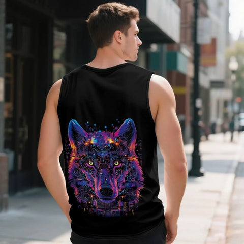 Dope Men's Graphic Tank Top Sleeveless V Neck Shirt Quick Dry Athletic Gym Vest with colorful wolf design