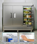 Rock Solid 72 Cubic Foot Commercial Reach In Fridge With Plug And Play Smart Wifi App Control 82 Inch Two Section Cooler Stainless Steel shelves filled with food.