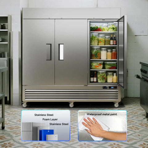 Rock Solid 72 Cubic Foot Commercial Reach In Fridge With Plug And Play Smart Wifi App Control 82 Inch Two Section Cooler Stainless Steel shelves filled with food.