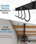 Rugged Heavy Duty Ceiling Bike Rack That Slides For Up To Six Bicycles Overhead Garage Storage Mount With 51 Inch Rails Black Steel Hanging Hooks Supporting Up To 450 Pounds Easy Install Bike Ceiling Mount with side view of mounted rack.
