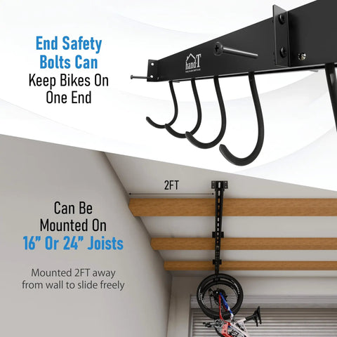 Rugged Heavy Duty Ceiling Bike Rack That Slides For Up To Six Bicycles Overhead Garage Storage Mount With 51 Inch Rails Black Steel Hanging Hooks Supporting Up To 450 Pounds Easy Install Bike Ceiling Mount with side view of mounted rack.