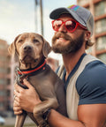 Person in a Travel Ready Women's Vintage Tennis Trucker Hat With Adjustable Buckle, holding a dog outdoors.