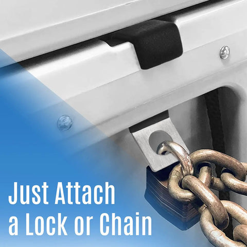 Heavy Duty Stainless Steel Ice Chest Bracket For Truck Bed Floor Mount compatible with Yeti RTIC, showing locking mechanism with chain.