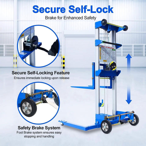 Adjustable Material Lift Winch Stacker With 500 Lb Capacity And 70 Inch Height Reach For Warehouse Or Factory Use Hand Operated Straddle Lift Truck With safety brake and self-lock features