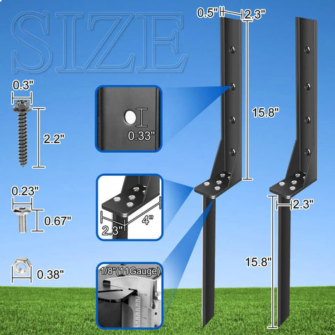 Heavy Duty Fence Post Repair Kit For Wood Posts With Ground Stakes And Post Anchors size details over grass background